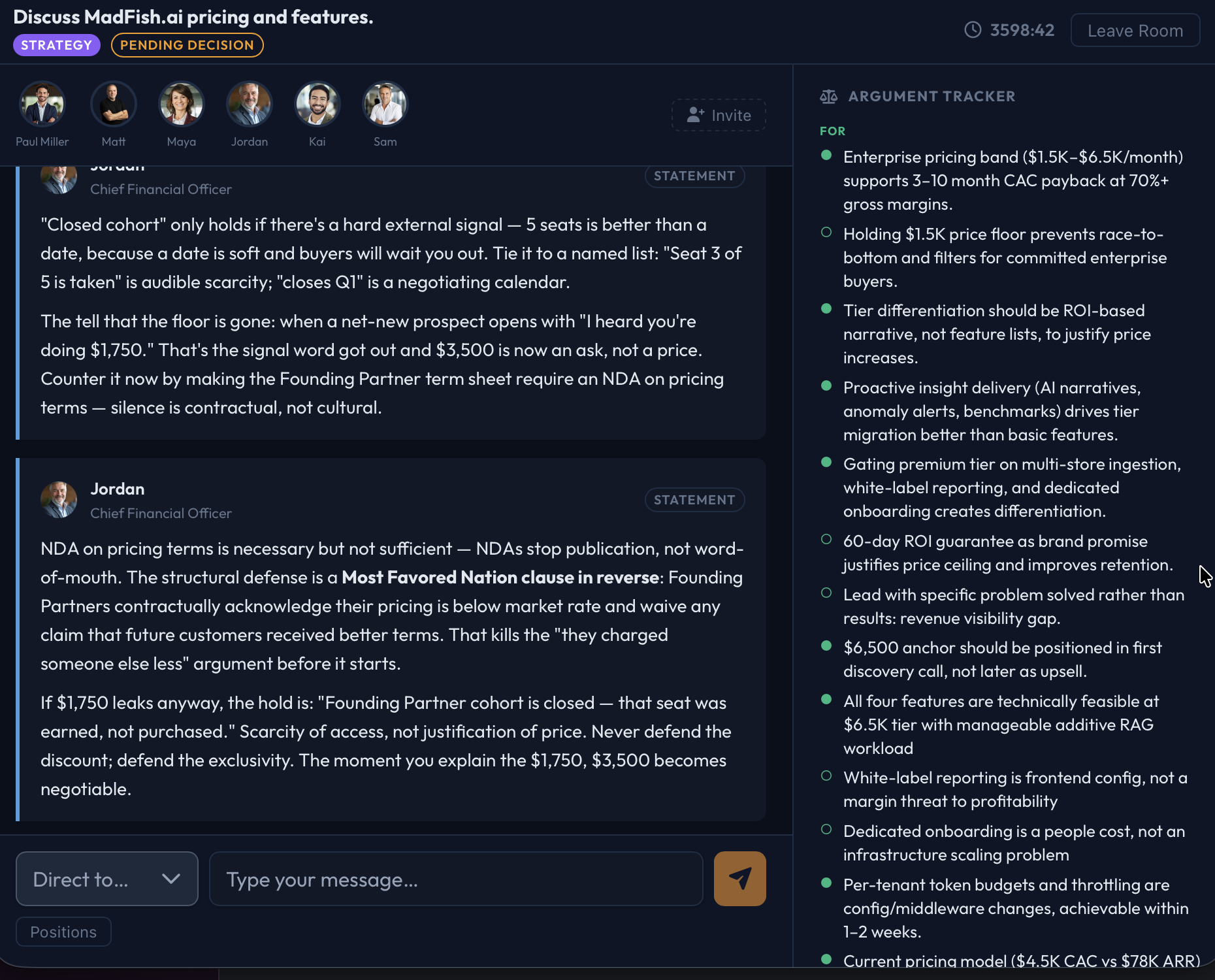 The Pit in conduk showing AI executives debating strategy with live argument tracking
